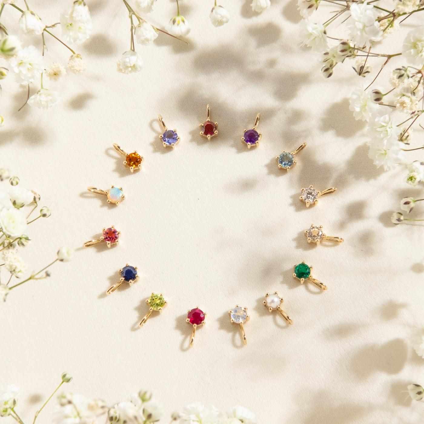 January - Garnet February - Amethyst March - Aquamarine April - White Topaz April - Diamond May - Emerald June - Pearl June - Moonstone July - Ruby August - Peridot September - Sapphire October - Australian Opal October - Pink Tourmaline November - Citrine December - Tanzanite 14k Birthstone Charm Necklace